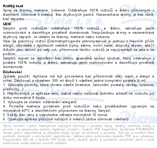 SANYTOL dezinfekce proti roztočům štěnicím 300ml
