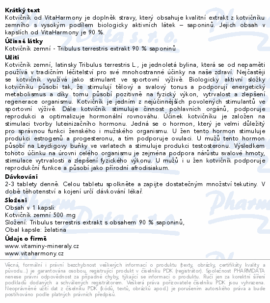 VitaHarmony Kotvičník 500mg cps.80