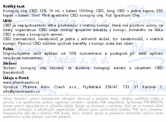 CBD 15% Full Spectrum Konopný olej 1500mg 10ml