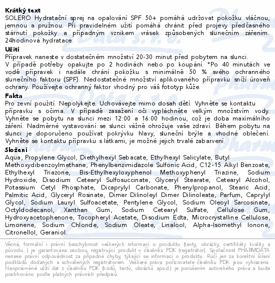 SOLERO Hydratační sprej na opalování SPF50+ 200ml