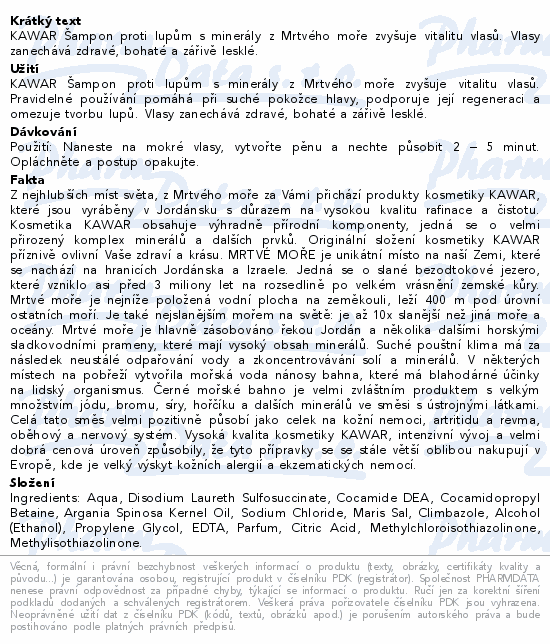 KAWAR Šampon proti lupům s miner.z Mrtv.moře 400ml